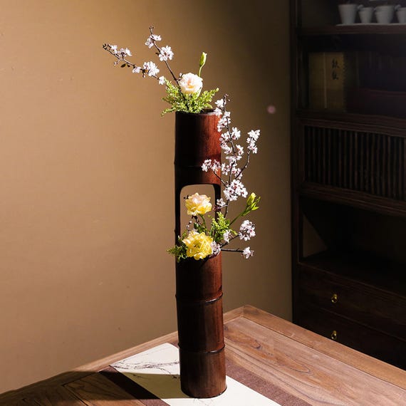 Vintage Japanese Bamboo Ikebana Vase for Floral Arrangements – Handmade, Home Decor, Natural Spots