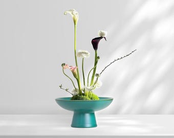 Teal Ceramic Ikebana Vase – Handmade Oriental Floral Arrangement Bowl