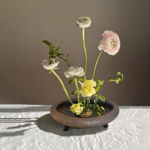 Handmade Stoneware Ikebana Bowl: Rustic Wabi-Sabi Floral Vessel