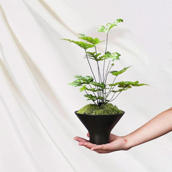 Black Ceramic Ikebana Bowl: Wabi-Sabi Japanese Floral Vase