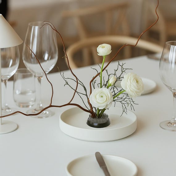 White Large Ikebana Bowl 19.5 cm (7.68 in) – Minimalist Round Ceramic Vase