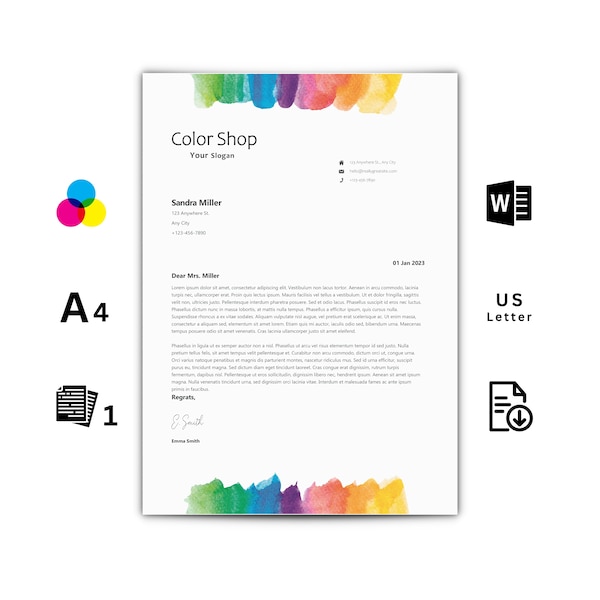 Colorful Letterhead Template for Microsoft Word, Letter and A4 Sizes - Instant Download | Letter Template | Color Shop