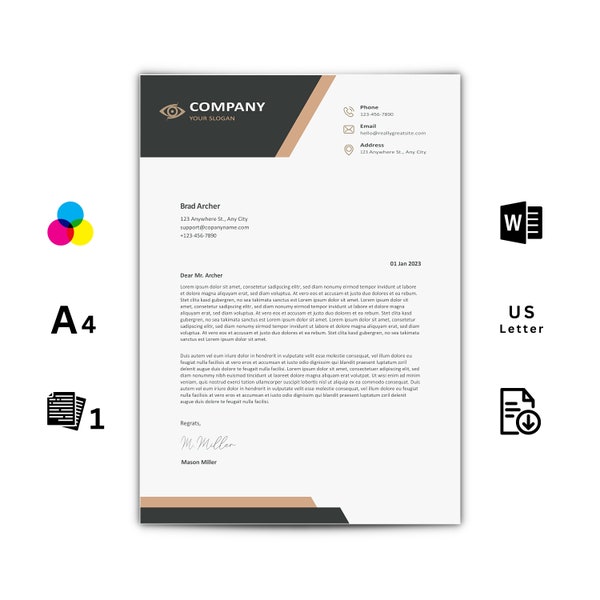 Letterhead Template Word, Business Letter Template, Letterhead Template | Sample | Dark & Brown