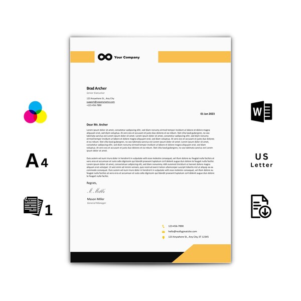 Modern Black & Yellow Letterhead Design: Word Template for Individual Business Correspondence