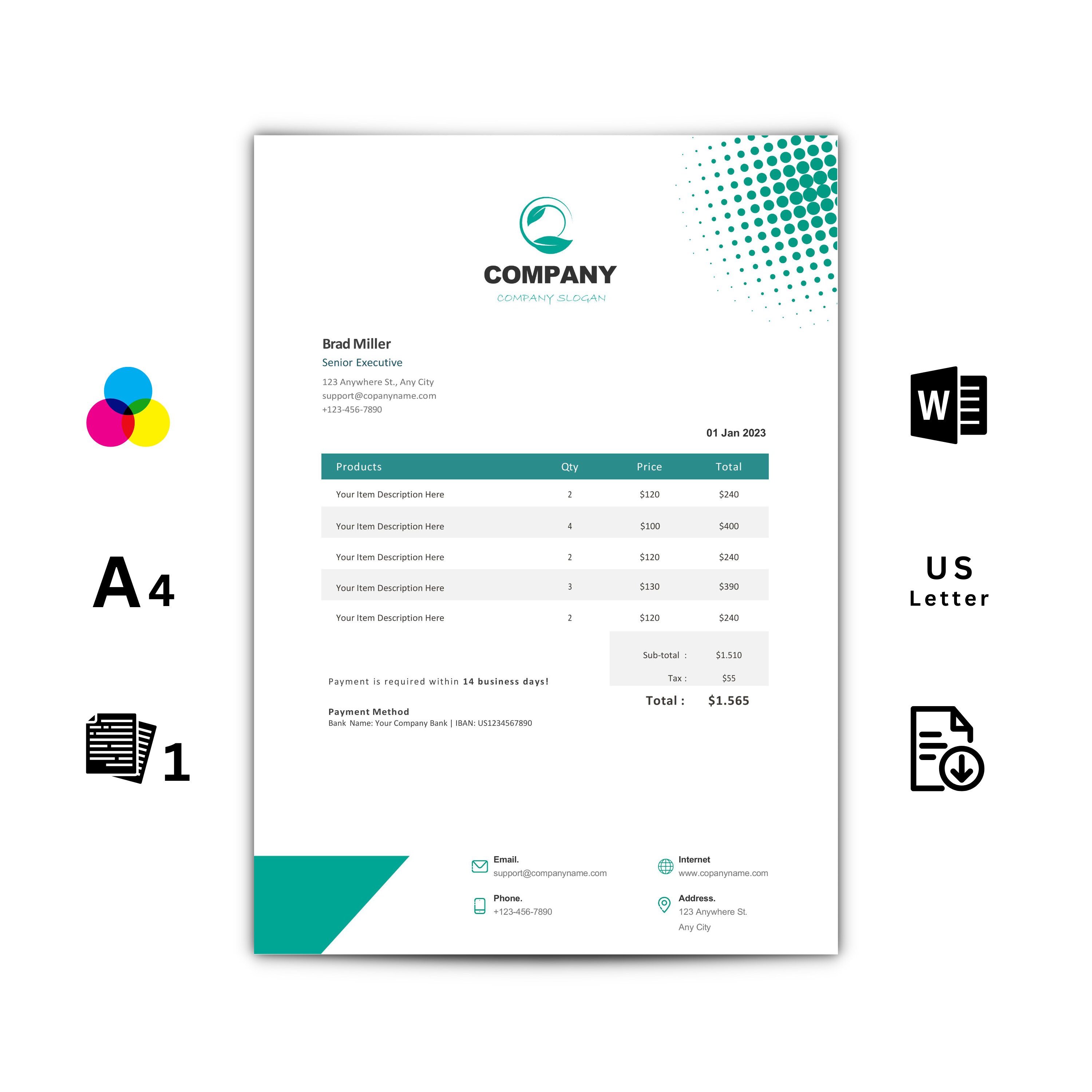 Mastercard Invoice Invoice Template Word in Turquoise Small Business - Etsy