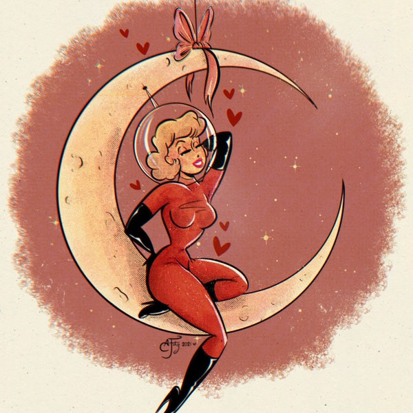 Space Girl ~ Art Print ~ Mid Century Pin Up Style Fine Art Print ~ AmyFitzArt ~ Retro Rebel Art