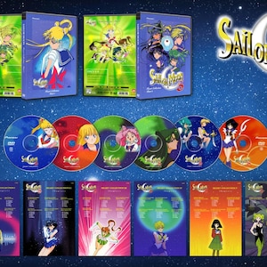 May include: A complete DVD collection of Sailor Moon S, featuring six DVDs with colorful covers and a blue background with stars. The DVDs are arranged in a row with the covers facing the viewer. The title "Sailor Moon S" is displayed in large, white letters on a crescent moon.