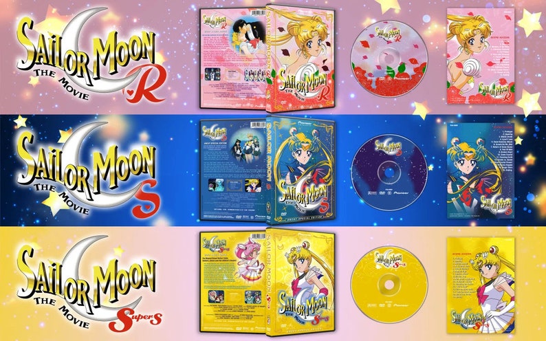 May include: Three DVD cases featuring Sailor Moon The Movie R, Sailor Moon The Movie S, and Sailor Moon The Movie Super S. Each case has a pink, blue, and yellow background with a crescent moon and stars. The DVD cases are next to a DVD disc with a pink, blue, and yellow background.