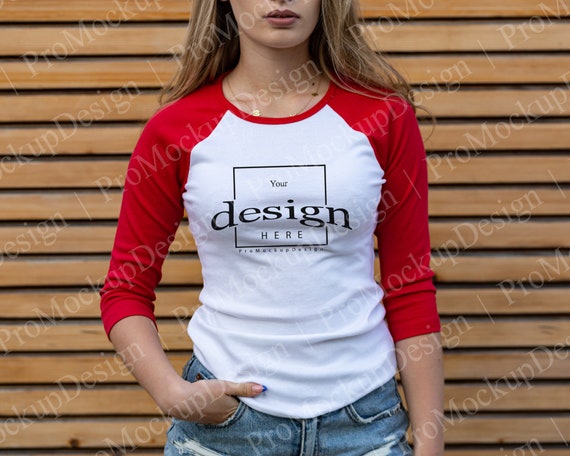Unisex t-shirt T Bella Canvas Bella woman model Tee Shirt mock up Canvas 2000 34-Sleeve Contrast Raglan Mockup Tshirt  with girl model