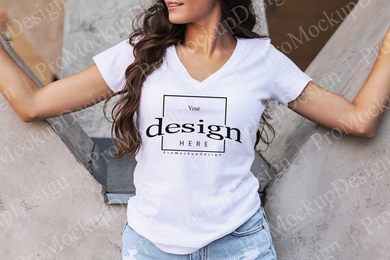Bella T Bella Canvas Canvas 6035 Mockup V neck Tshirt  with girl model woman model Tee Shirt mock up Unisex t-shirt