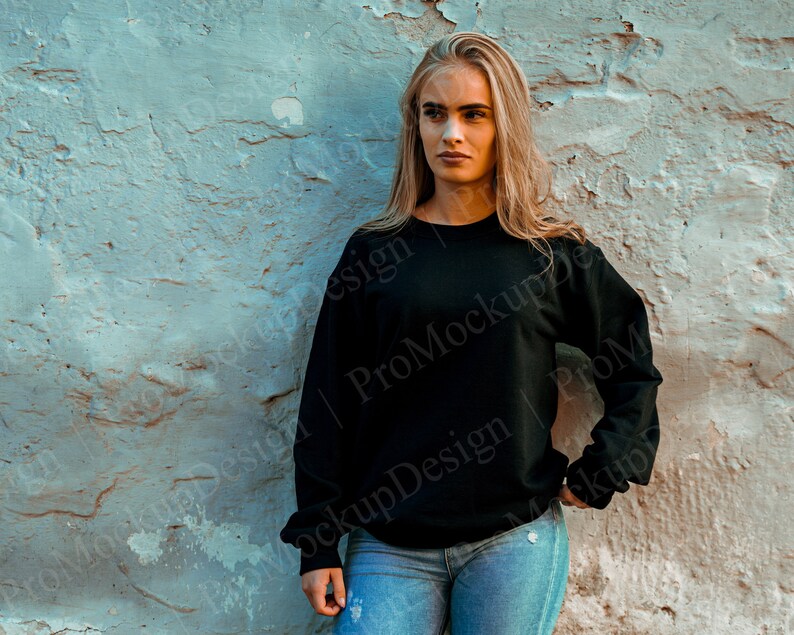 Download Mockup Gildan 18000 Black Sweatshirt Mockup with girl ...