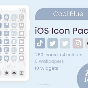 iPhone icon pack | 260 Cool Pastel Blue | Minimal, Elegant, Aesthetic phone screen | Easy to use | Modern luxury | iOS14 Android Feminine
