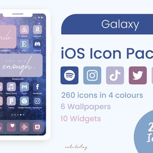 May include: A phone screen mockup with a galaxy-themed iOS icon pack. The pack includes 260 icons in four colors, six wallpapers, and ten widgets. The text "smile." and "you are enough." are displayed on the screen.