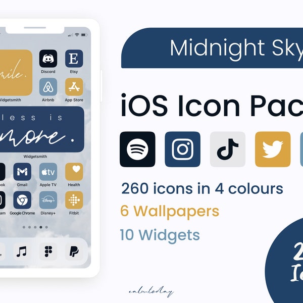 iPhone icon pack | 260 Midnight Sky | Minimal, Elegant, Aesthetic phone screen | Easy to use | Modern luxury | iOS14 Android Blue Yellow