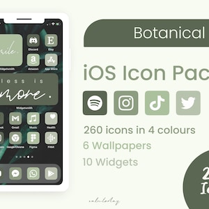 May include: A mobile phone screen showcases a custom iOS icon pack with a botanical theme. The icons are in shades of green and white, with app names like Spotify, Instagram, and Etsy. The screen also shows the text "less is more" and "smile."