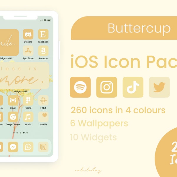 iPhone icon pack | 260 Buttercup Pastel Yellow | Minimal, Elegant, Aesthetic phone screen | Easy to use | Modern luxury | iOS14 Android