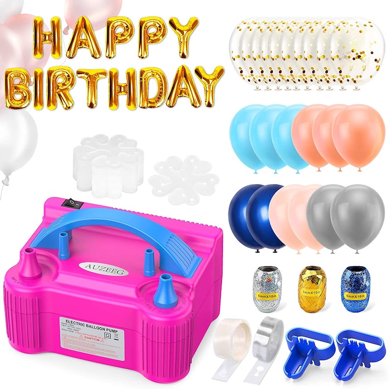 Electric Balloon Pump Automanual Mode Air Balloon Pump with Different Color Balloons Happy Birthday Balloons Flower Clips Colored Ribbon