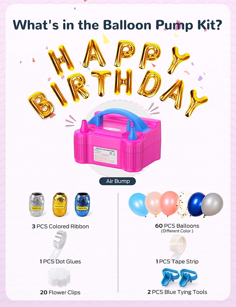 Electric Balloon Pump Automanual Mode Air Balloon Pump with Different Color Balloons Happy Birthday Balloons Flower Clips Colored Ribbon