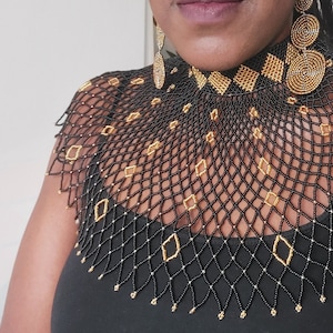 Zulu Beaded Black & Gold Women Shoulder Necklace , Glass Beads ,Elegant, Mothersday