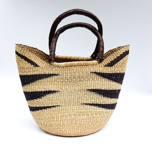 Bolga Tote Bag/Natural Brown/Black/Storage/ Woven Shopper/Tote/Basket/Sales