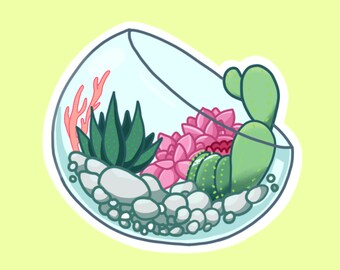 May include: A glass terrarium with a variety of succulents, including a pink flowering cactus, a green cactus, and a green succulent with long, pointed leaves. The terrarium is filled with white pebbles and has a clear glass lid.