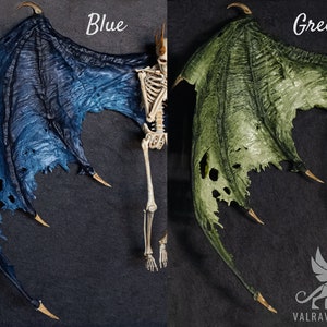 Puede incluir: Un par de alas de demonio, una pintada de azul y la otra de verde, est&aacute;n unidas a un esqueleto. Las alas est&aacute;n desgarradas y tienen agujeros.