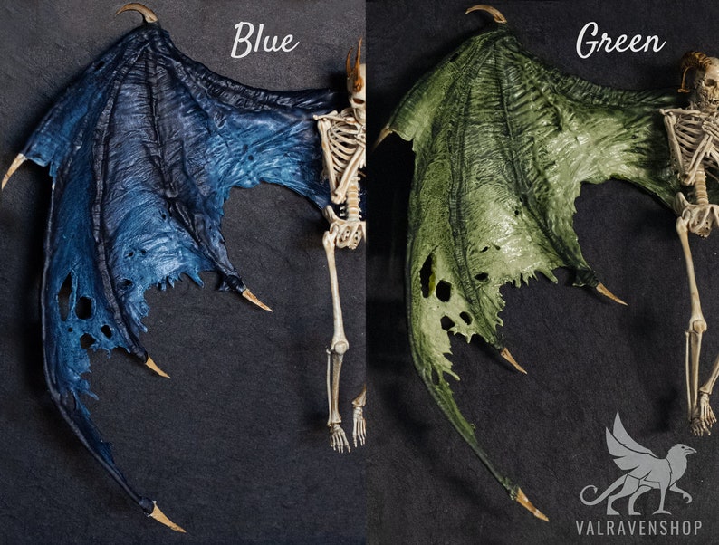 Puede incluir: Un par de alas de demonio, una pintada de azul y la otra de verde, est&aacute;n unidas a un esqueleto. Las alas est&aacute;n desgarradas y tienen agujeros.