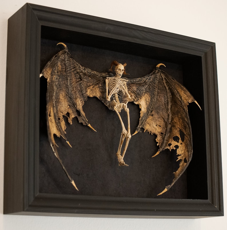 Puede incluir: Una figura esquel&eacute;tica con alas, enmarcada en un marco negro. Las alas est&aacute;n hechas de un material oscuro y texturizado y la figura est&aacute; en posici&oacute;n sentada.