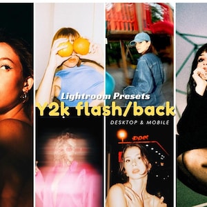 Op de afbeelding: Een collage van vier afbeeldingen met een Y2K-esthetiek. De tekst "Lightroom Presets" en "Y2k flash/back" is zichtbaar. De afbeeldingen tonen vrouwen in verschillende omgevingen, met zachte belichting en retro filters, voor desktop en mobiel.