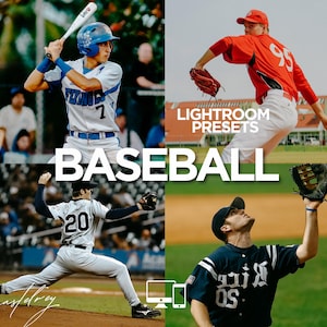 Puede incluir: Imagen con temática de béisbol con cuatro jugadores en acción. La palabra "BASEBALL" está escrita en letras blancas grandes. La esquina superior derecha muestra "LIGHTROOM PRESETS".