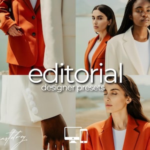 May include: A promotional image showcasing women in orange and cream blazers. The words "editorial designer presets" are displayed. The image also includes icons of a computer and a mobile phone.