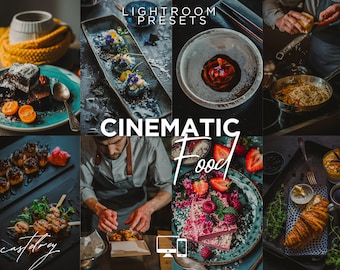 May include: A collection of food photography with the text "LIGHTROOM PRESETS" and "CINEMATIC Food". The images display a variety of dishes, such as desserts, starters, and prepared meals, with an emphasis on presentation and styling.