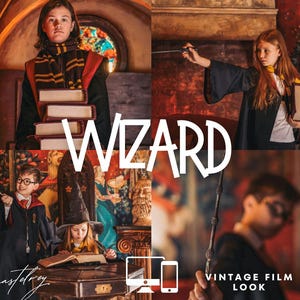 May include: A collage featuring children dressed as wizards, holding books and wands. The word "WIZARD" is prominently displayed. The image has a vintage film look, with a warm color palette and a touch of fantasy.