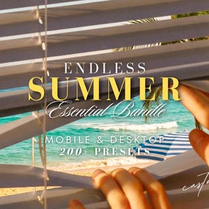 May include: A sunny beach scene viewed through partially open blinds. The text "ENDLESS SUMMER Essential Bundle" is displayed in a stylized font. The image also includes the text "MOBILE & DESKTOP 200+ PRESETS".