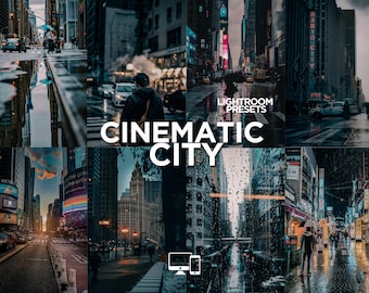 May include: A collage of city scenes in a cinematic style. The images feature rainy streets, tall buildings, and neon signs. The text "CINEMATIC CITY" is prominently displayed, along with "LIGHTROOM PRESETS".