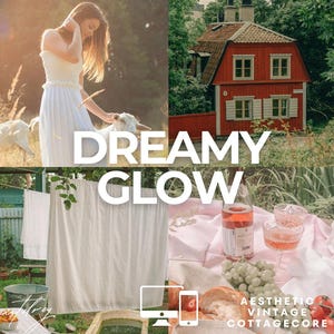 Puede incluir: Un collage con una mujer con un vestido blanco con cabras, una cabaña roja, ropa blanca y un picnic con vino rosado y uvas. El texto "DREAMY GLOW" está superpuesto, con "AESTHETIC VINTAGE COTTAGECORE" en la parte inferior. Estética vintage.