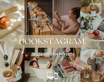 May include: A collage of images with a book theme. The word "BOOKSTAGRAM" is displayed in large text. The images include books, peaches, flowers, and a person in a bathtub reading a book. The text "15 LIGHTROOM PRESETS" is also visible.