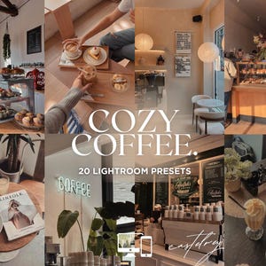 Op de afbeelding: Een collage van afbeeldingen die een gezellige koffiehuissfeer laten zien. De tekst "COZY COFFEE" is prominent aanwezig, samen met "20 LIGHTROOM PRESETS". De scènes omvatten koffie, gebak en interieurdecoratie.