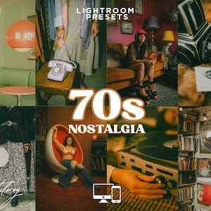 May include: A montage of images evoking the 1970s, showcasing vintage items like a rotary phone, roller skates, and a record player. The collage includes fashion and decor from the era, with the text "70s Nostalgia" in the centre.