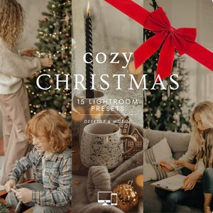 以下が含まれることがあります： クリスマスのテーマのコラージュ。「cozy CHRISTMAS」のテキスト、および「15 LIGHTROOM PRESETS」と「DESKTOP & MOBILE」が表示されています。画像には、装飾されたクリスマスツリー、マグカップ、キャンドル、赤いリボンが含まれています。