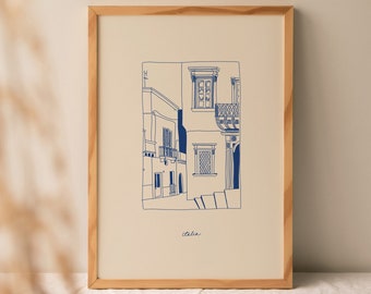 Puede incluir: Una impresión enmarcada de un dibujo de línea azul de un edificio con un balcón y la palabra "Italia" en la parte inferior.