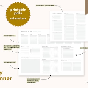 Puede incluir: Planificador PDF imprimible con un plan semanal, un calendario mensual y una lista de verificación de bendiciones para el hogar. El planificador tiene un fondo gris claro con texto negro y líneas. El texto "fly lady planner" está escrito en una fuente grande en la parte inferior de la página.
