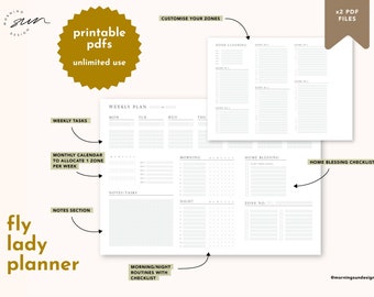 May include: Printable PDF planner with a weekly plan, monthly calendar, and home blessing checklist. The planner has a light gray background with black text and lines. The text "fly lady planner" is written in a large font at the bottom of the page.