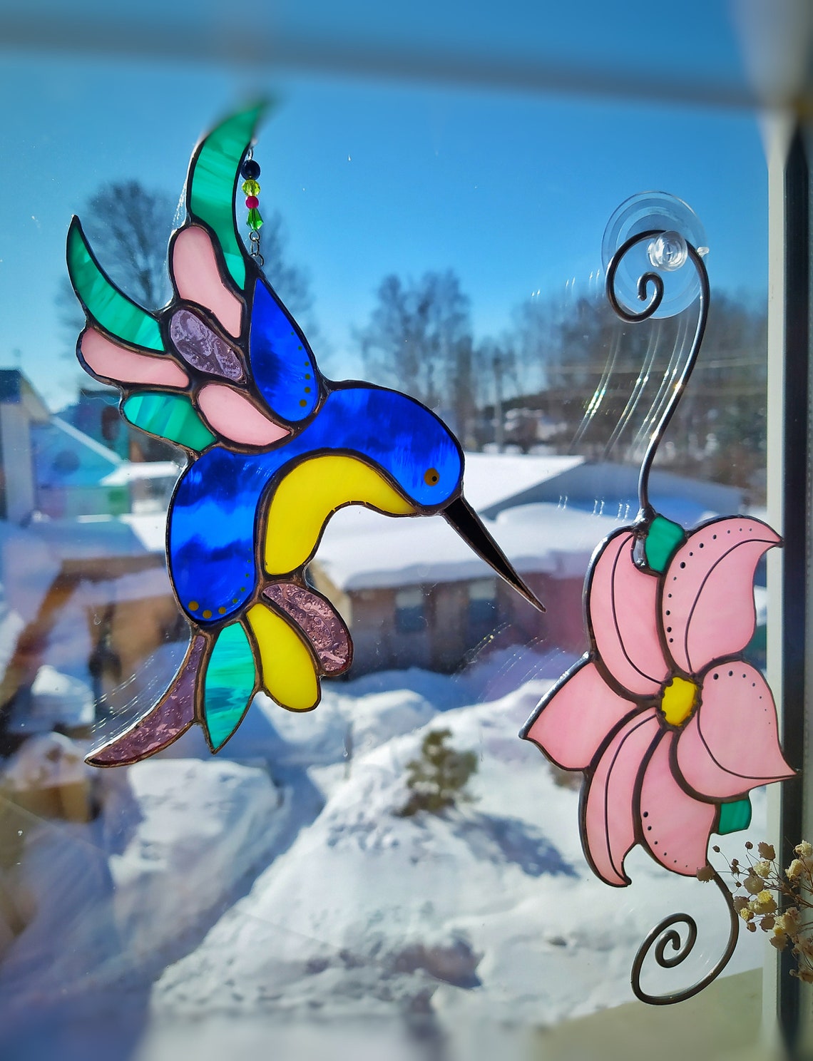 Stained Glass Hummingbird With Flower Window Hanging | Etsy