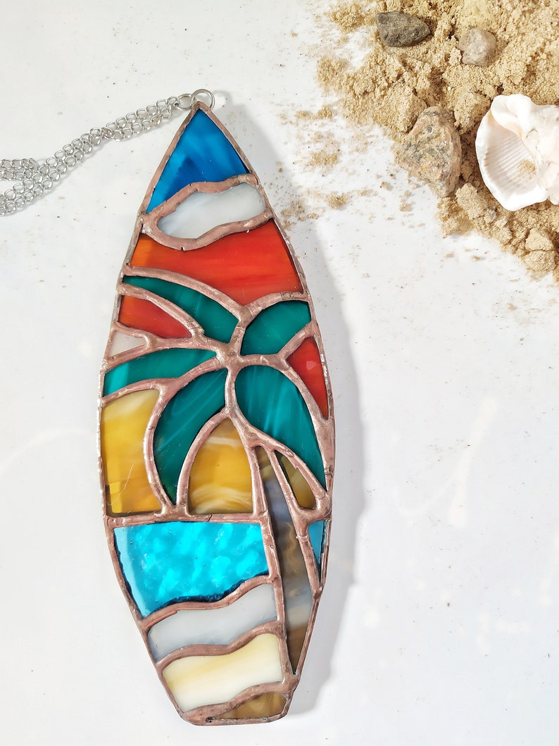Stained Glass Surfboard Palm Tree Suncatcher Beach Art Etsy