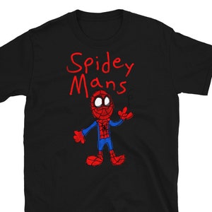 Puede incluir: Camiseta negra con un dibujo animado rojo y azul de Spiderman y el texto "Spidey Mans" en rojo.