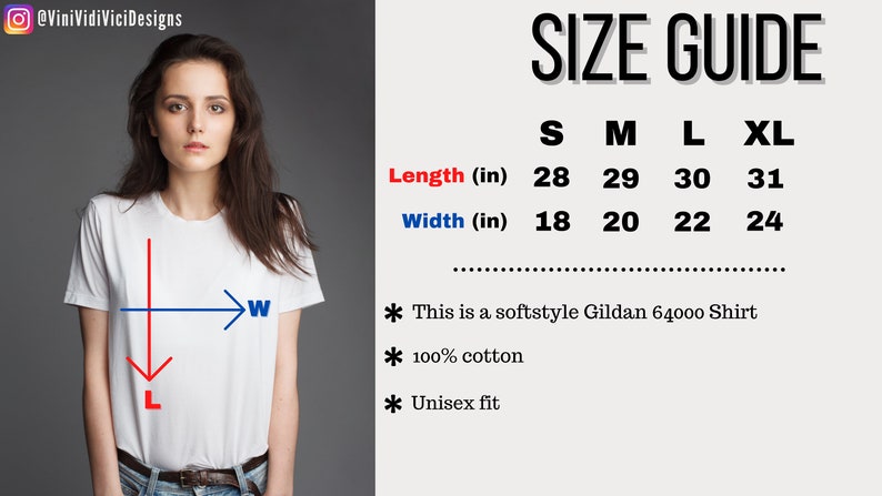 Puede incluir: Gu&iacute;a de tallas para una camiseta blanca. La tabla muestra la longitud y el ancho en pulgadas para las tallas S, M, L y XL. La camiseta est&aacute; hecha de 100% algod&oacute;n y es una camiseta Gildan 64000 de estilo suave. Es unisex.