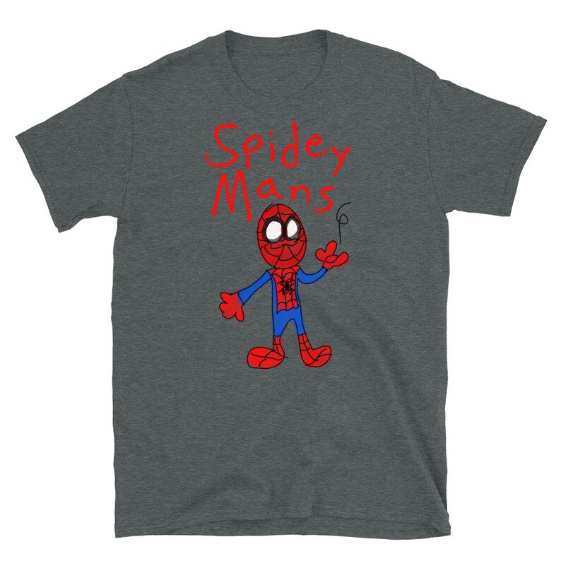 Puede incluir: Una camiseta gris oscuro jaspeada con un dibujo de Spiderman rojo de dibujos animados y el texto "Spidey Mans" en rojo.