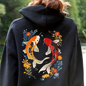 Japanese Koi Fish Hoodie, Cozy Vintage Asian Art Nouveau Shirt, Nautical Animal Japan Hooded Sweater, Urban Unisex Tokyo Style Streetwear
