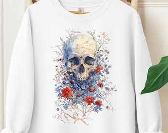 Flower Skull Hoodie, Floral Skull Shirt, Halloween Sweatshirt, Bloom Skull Women, Spring Goth Clothing, Skeleton Shirt, Globincore Clothing